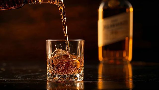 Pouring Premium Amber Whiskey into Glass with Crystal Clarity