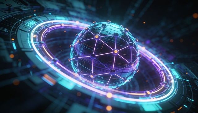 Glowing geodesic orb orbiting neon ring, emitting holographic circuitry