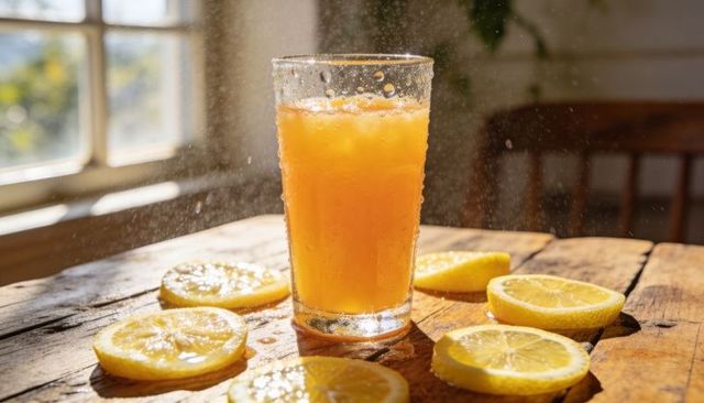 Sunlit lemon juice glass showing condensation on rustic wooden table, lemon slices glowing