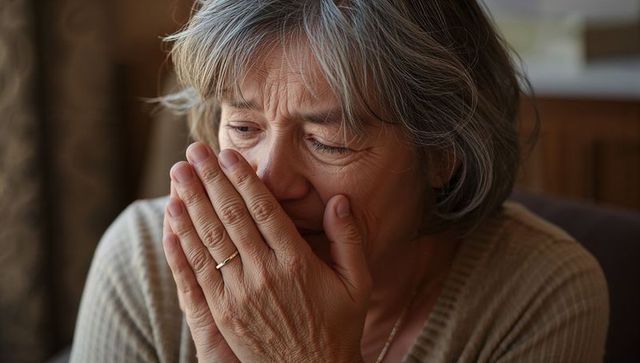 Elderly woman covering mouth while crying at home emotional close-up portrait