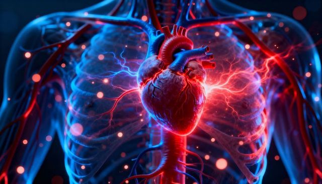 Pulsing human heart with coronary vessels and electrical activity inside transparent thorax