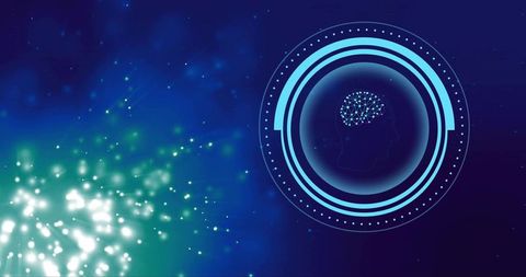 Futuristic neural interface HUD showing brain network in glowing circular tech display