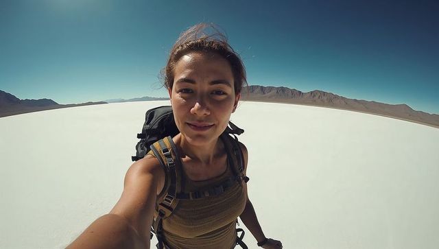 Woman hiking taking selfie exploring vast white salt flat with backpack under clear blue sky