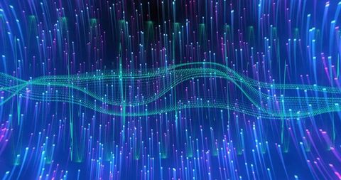 Holographic neon waveform flowing through futuristic digital space with particle trails