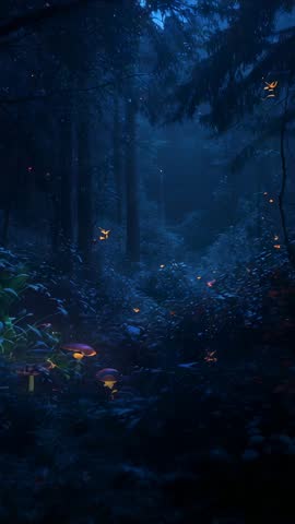 Gliding through moonlit pine forest | Vertical bioluminescent fireflies and glowing mushrooms