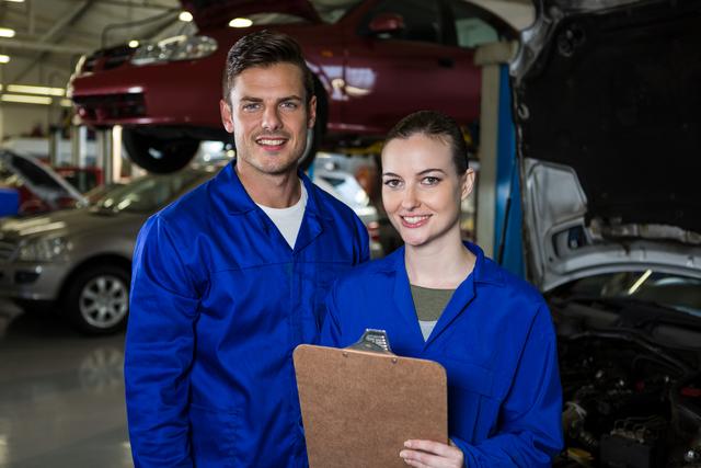 Two mechanics in blue uniforms standing in an auto repair garage, holding a clipboard and smiling. Ideal for use in content related to automotive services, car maintenance, professional mechanics, and teamwork in repair shops.