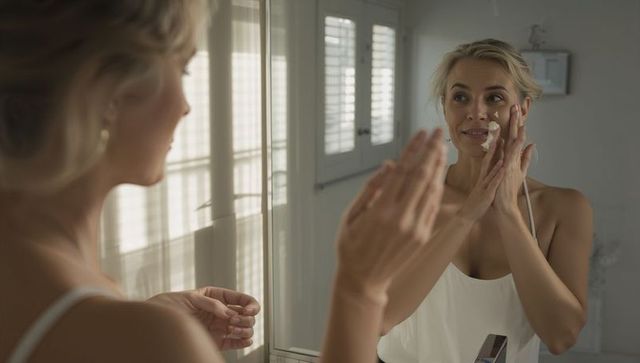 Morning skincare routine woman applying moisturizer at bathroom vanity with mirror shutters