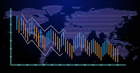 Neon Global Market Dashboard Displaying Candlestick Trends and Blue Orange Bar Data Overlay