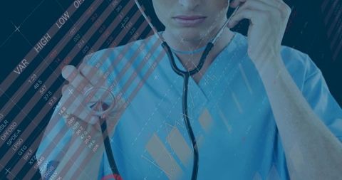 Clinician holding stethoscope and consulting by phone with digital health analytics overlay