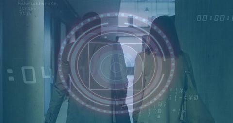 Business Professionals Navigating Futuristic Workspace with Digital Overlay