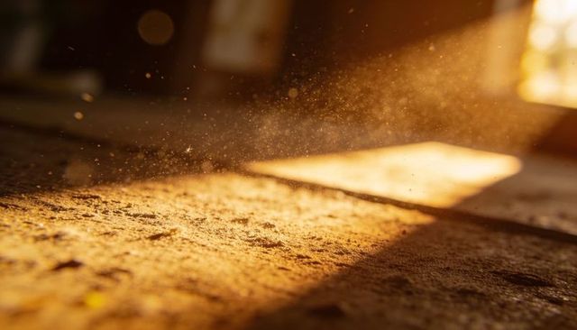 Golden sunlight floating dust motes drifting over rustic wooden floor