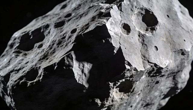 High-detail cratered asteroid surface floating in deep space with intense lighting
