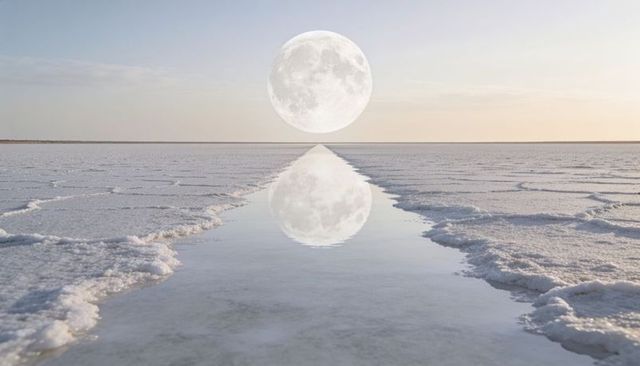 Giant full moon reflecting along narrow water channel on salt flats at dawn serene