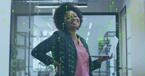 Confident Businesswoman Utilizing Laptop Amid Virtual Data