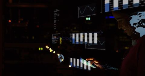 Woman interacting with holographic data charts and touch-controlled analytics on smartphone
