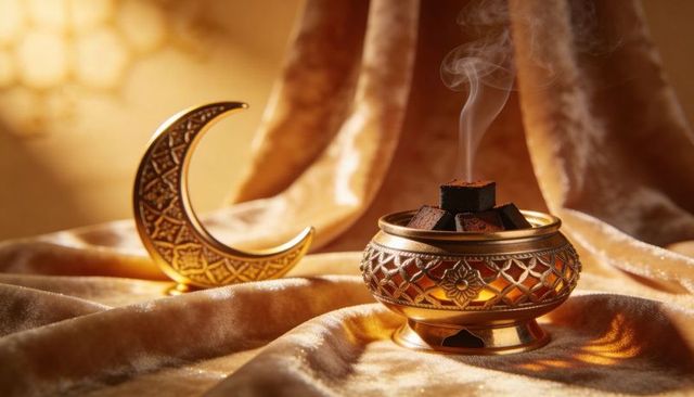 Emitting smoke from ornate golden censer with charcoal cubes and crescent on velvet