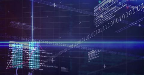 Streaming 3d data hud with binary stream, holographic charts and neon analytics dashboard