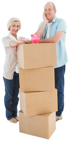 smiling older couple with moving boxes and pink piggy bank transparent background - Download Free Stock Videos Pikwizard.com
