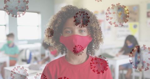 Schoolchild Wearing Red Face Mask Surrounded by Virus Illustrations - Download Free Stock Images Pikwizard.com