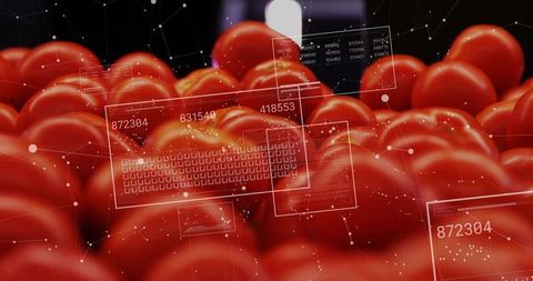 Glowing red spheres with futuristic hud network overlay for tech data visualizations ai