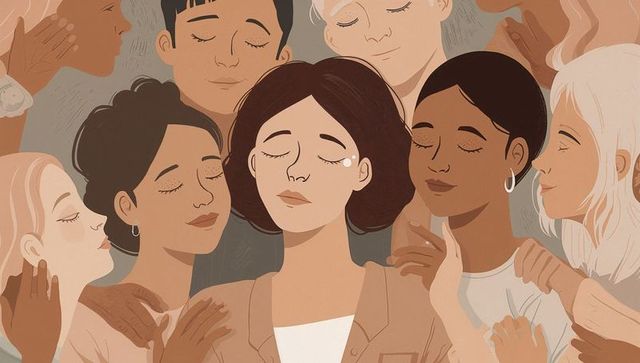 Women surrounding and comforting central woman, conveying solidarity and calm support