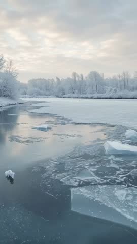 Vertical Panning Footage Revealing Icy River, Cracked Shore Ice, Snow Trees at Dawn