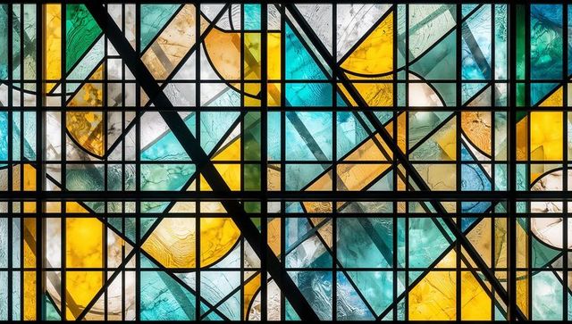 Vibrant stained glass mosaic with geometric patterns