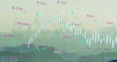 Port analytics overlay at industrial harbor with data visualization