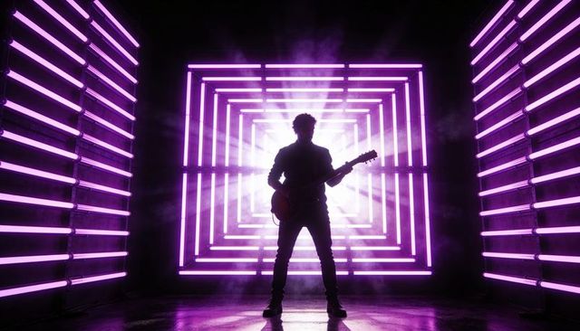 Guitarist silhouette performing in magenta led tunnel with smoke and light beams