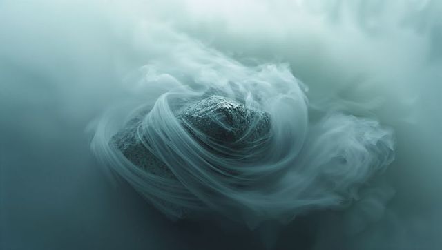Mystical swirling mist around jagged rock in tranquil aqua gradient