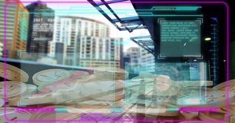 Futuristic Holographic Coins Over Urban Rooftop