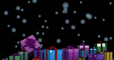 Christmas Presents and Snowflakes on Black Background