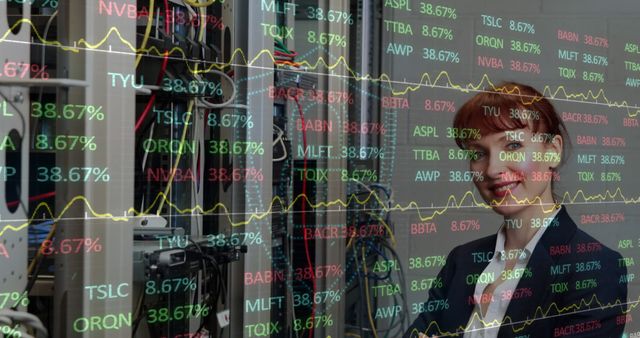 Smiling Businesswoman Analyzing Stock Market Data in Server Room - Download Free Stock Images Pikwizard.com