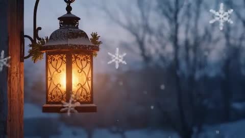Rustic lantern glowing on snowy porch at dusk, snowflakes drifting, warm winter ambience