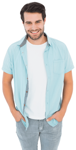 cheerful young man in casual denim and blue shirt smiling transparent background - Download Free Stock Videos Pikwizard.com