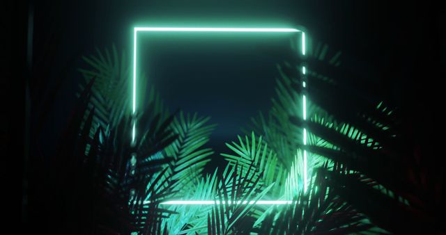 Neon green light surrounding palm leaves creates a modern, futuristic feel. Bright and vibrant, perfect for digital designs, technology websites, and creative visual content. Useful for conceptual art projects, night club posters, or product advertising related to innovation and technology.