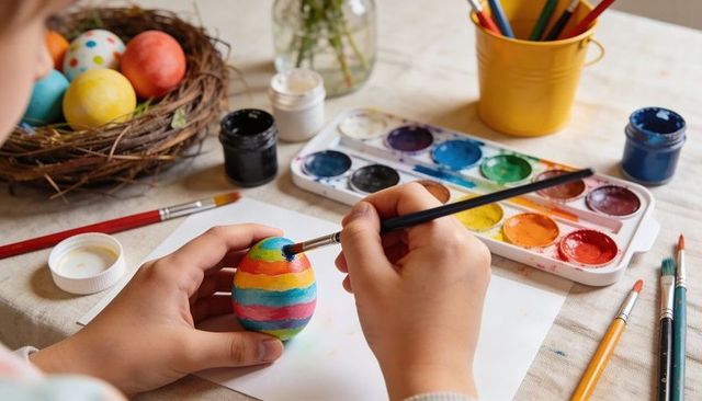 Child painting colorful striped easter egg on craft table with watercolor palette, brushes