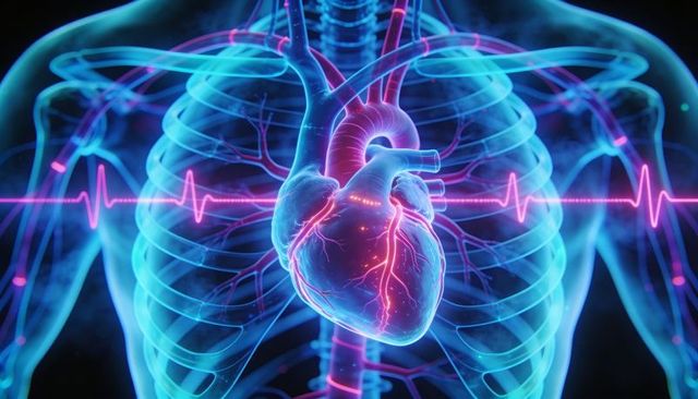 Neon 3d heart anatomy with glowing coronary vessels and ecg waveform overlay