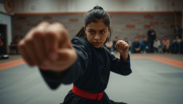 Focused Teen Delivering Punch in Martial Arts Gym