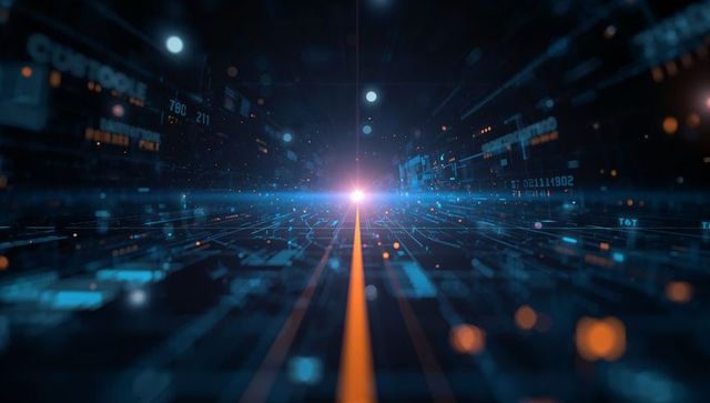 Cutting light line navigating futuristic data corridor with glowing circuit nodes