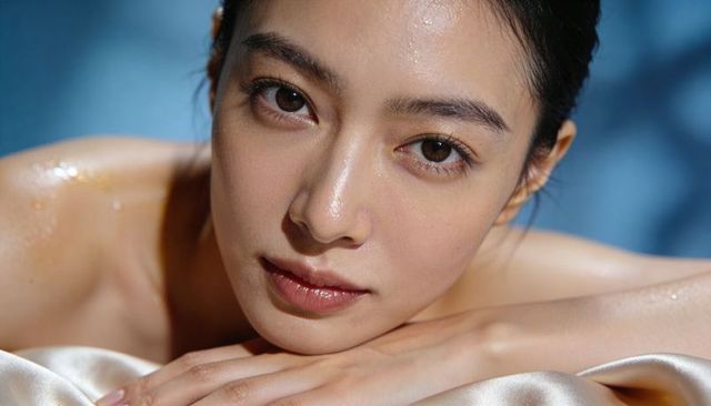 Dewy-skinned asian woman resting chin on folded hands over satin, soft blue backdrop