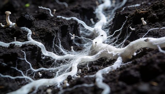 White mycelium network threading through dark potting soil with tiny mushroom pins macro