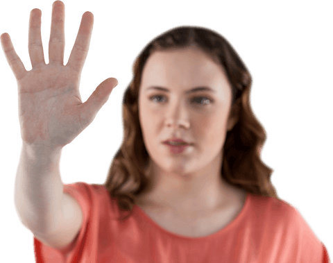 Caucasian Woman with Open Hand on Transparent Background