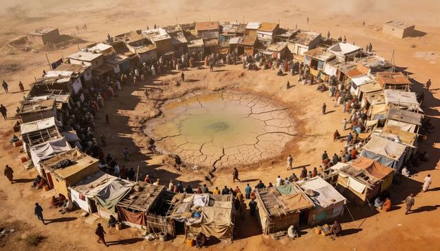 Circular desert marketplace surrounding cracked basin with vendors in traditional robes