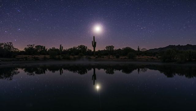 Saguaro cactus glowing under moon reflecting in desert pond beneath starry night sky