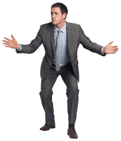 Transparent businessman gesturing with open arms