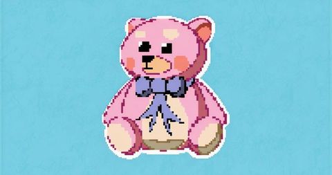 Charming pixel art teddy bear with blue bow on pastel background