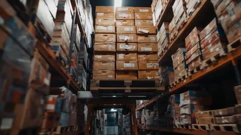 Forklift Lifting Boxes in Busy Warehouse Aisle
