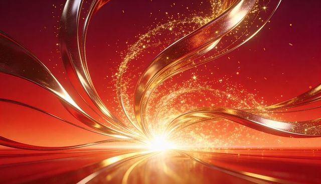 Spiraling golden ribbons and sparkling particles radiating from bright center over red mirror floor