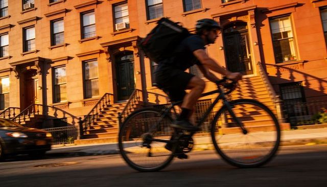 Cycling delivery courier passing brownstone row during golden hour motion blur